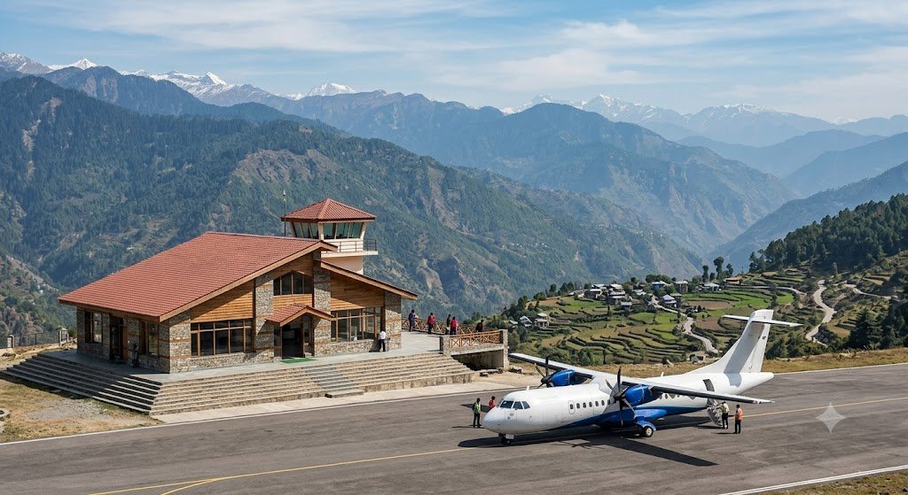 Small regional airport near Dharamshala with mountains in the background