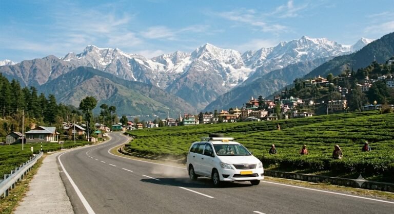 Mountain highway approaching Dharamshala with the Dhauladhar range in view