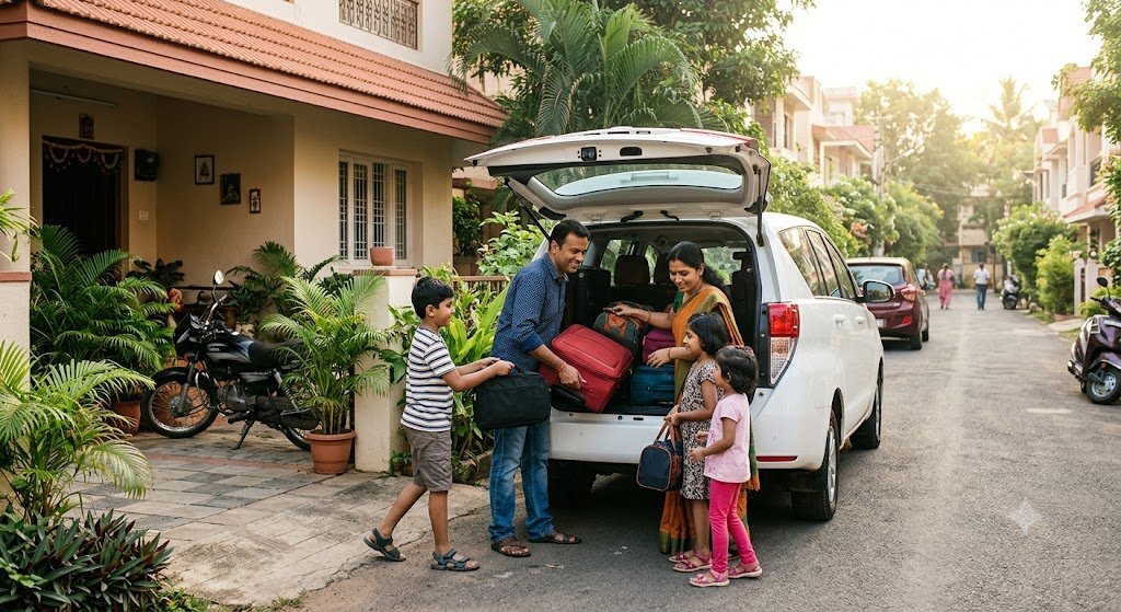 A family loading luggage into an Innova Crysta before an outstation trip