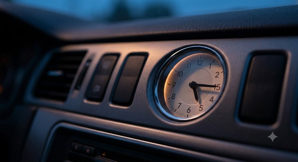 Car dashboard clock showing early morning time during a night airport pickup