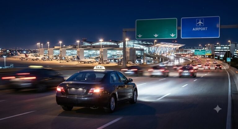 Sedan taxi driving toward Delhi airport terminal at night for an early morning flight
