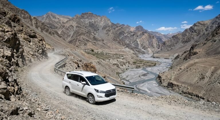 SUV driving on a high altitude mountain road in Spiti Valley