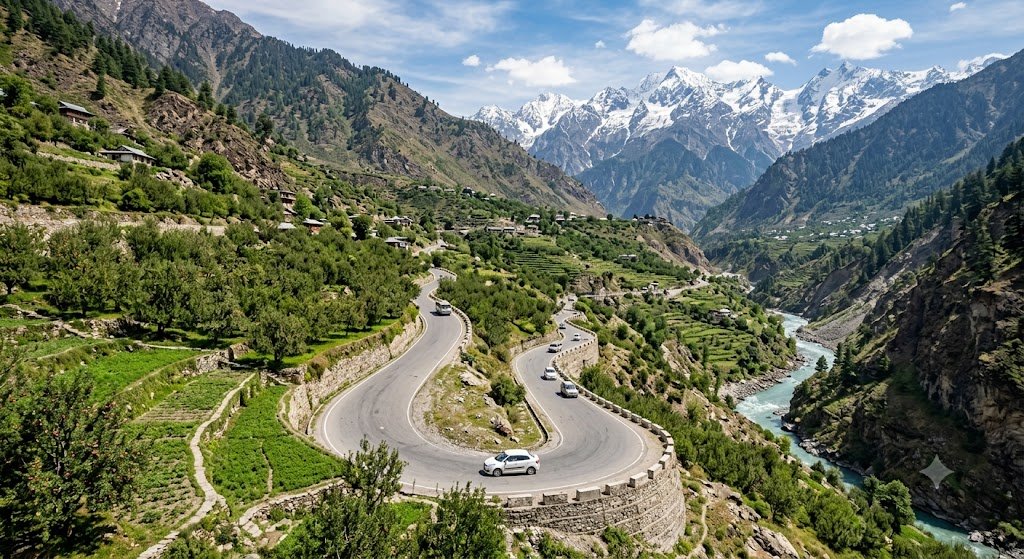 Scenic mountain road through the Kinnaur valley in Himachal Pradesh