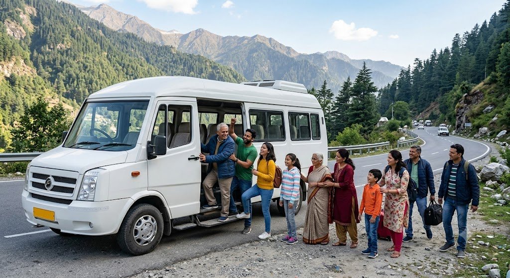 A large group boarding a Tempo Traveller for a hill trip