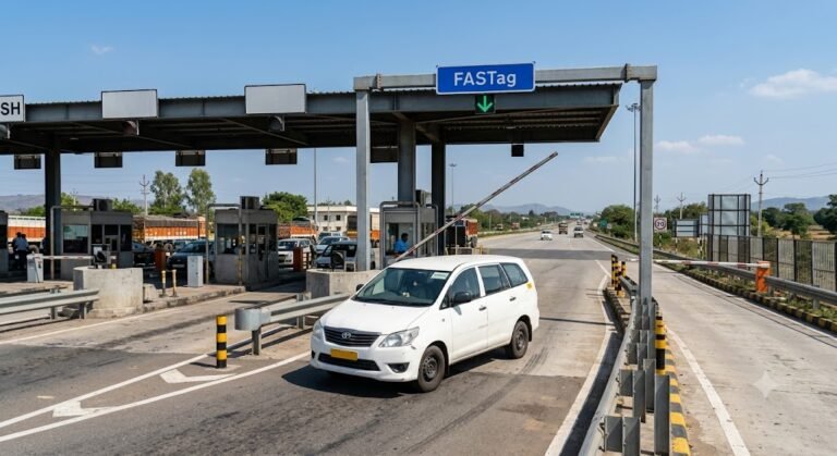 Highway toll plaza with a taxi passing through