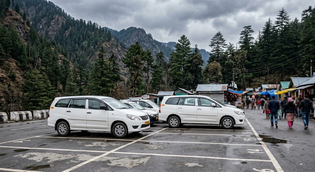 Taxis parked in a paid parking area near a hill station market