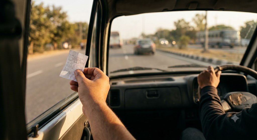 Toll receipt handed over at a highway toll plaza during an outstation cab trip