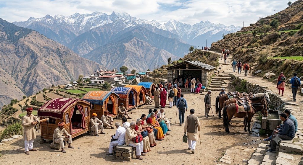 Palanquin and pony service point near the Vaishno Devi pilgrimage path with pilgrims waiting