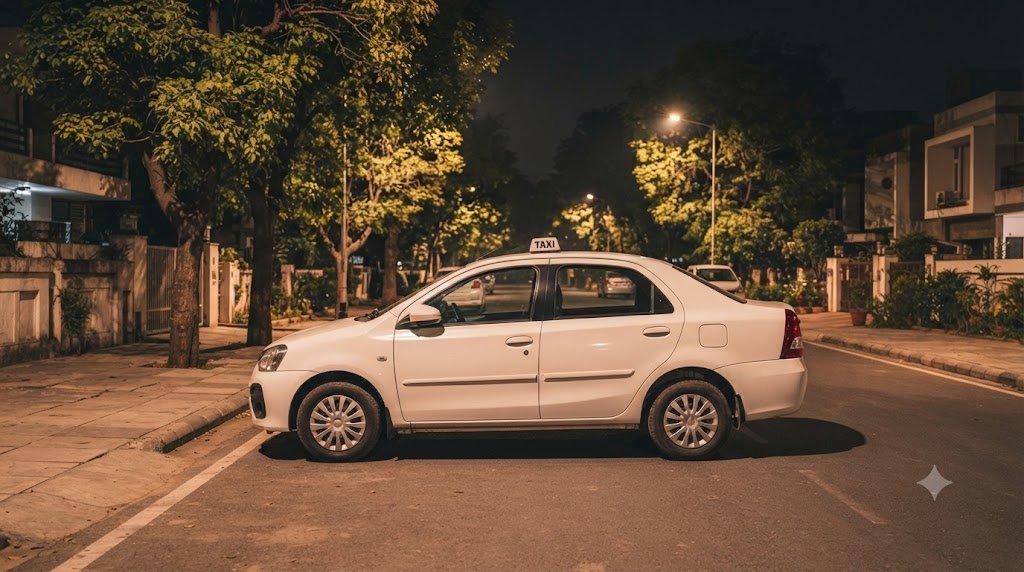 Sedan taxi parked on a quiet well lit Chandigarh street at night