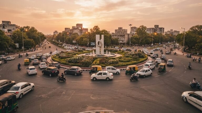 Busy Chandigarh road roundabout with evening traffic and a sedan taxi in the flow