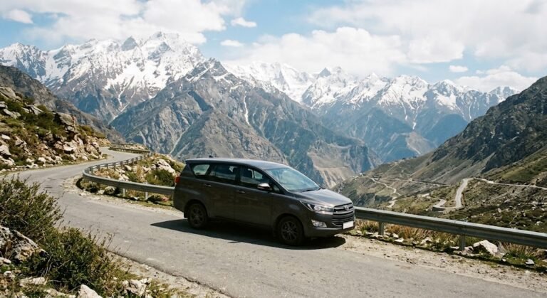 Innova Crysta SUV parked on a Himalayan mountain road with snow peaks in the background