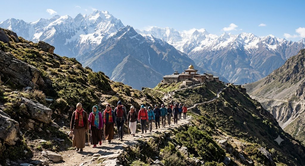 Pilgrims walking a mountain trekking path toward Kedarnath with snow capped peaks in view