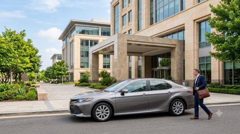 Sedan taxi parked outside a modern office building entrance for a corporate pickup