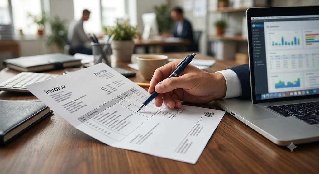 Reviewing a printed monthly invoice document on an office desk beside a laptop