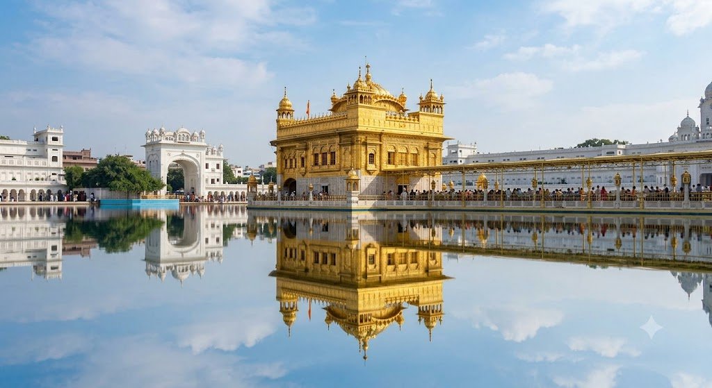 Golden Temple exterior reflected in the surrounding water pool in Amritsar