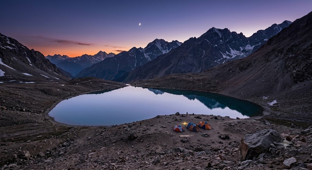 Crescent shaped Chandratal Lake surrounded by barren mountains at dusk with tents pitched nearby