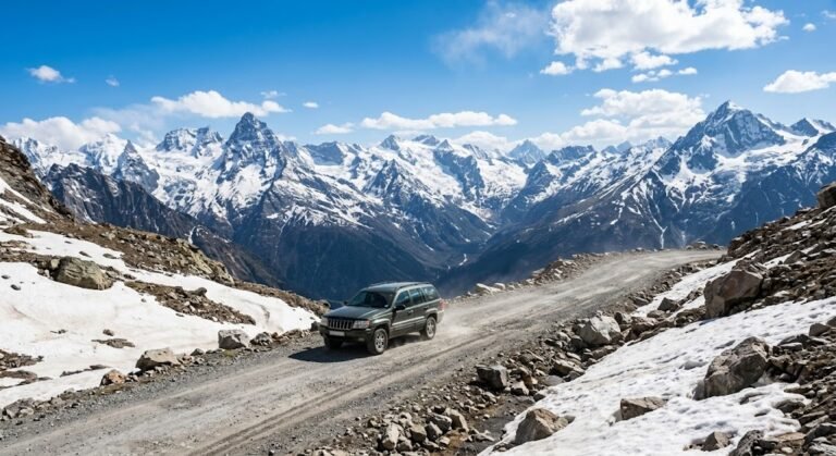 SUV driving on a high altitude mountain pass road with snow patches and dramatic peaks