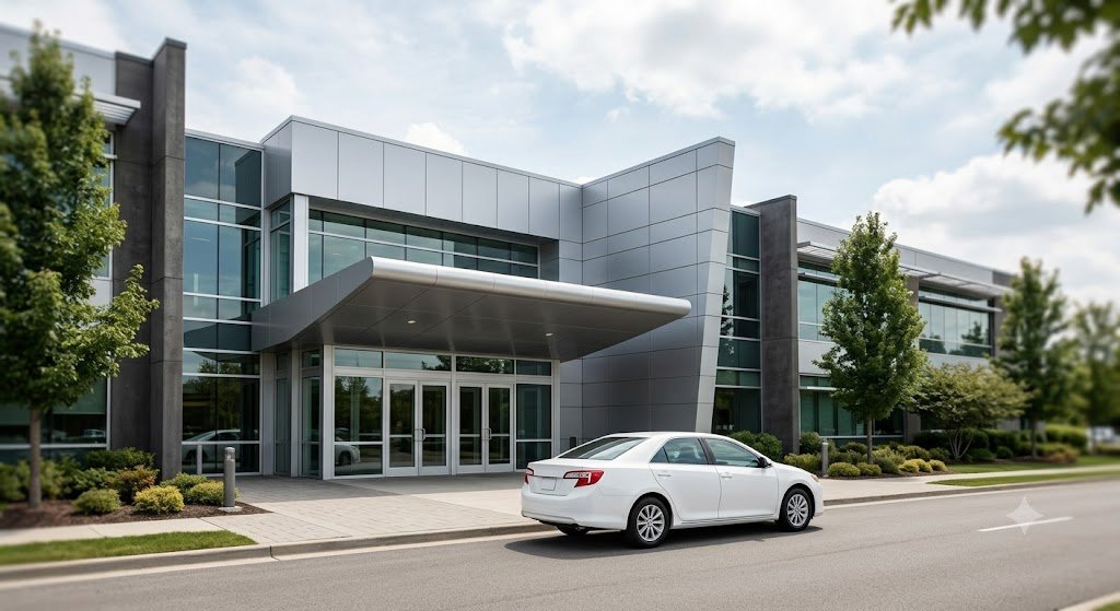 IT office park building in Mohali with a sedan taxi parked at the entrance
