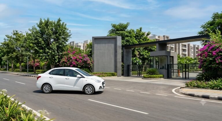 Sedan taxi driving past a Mohali residential phase entrance signboard