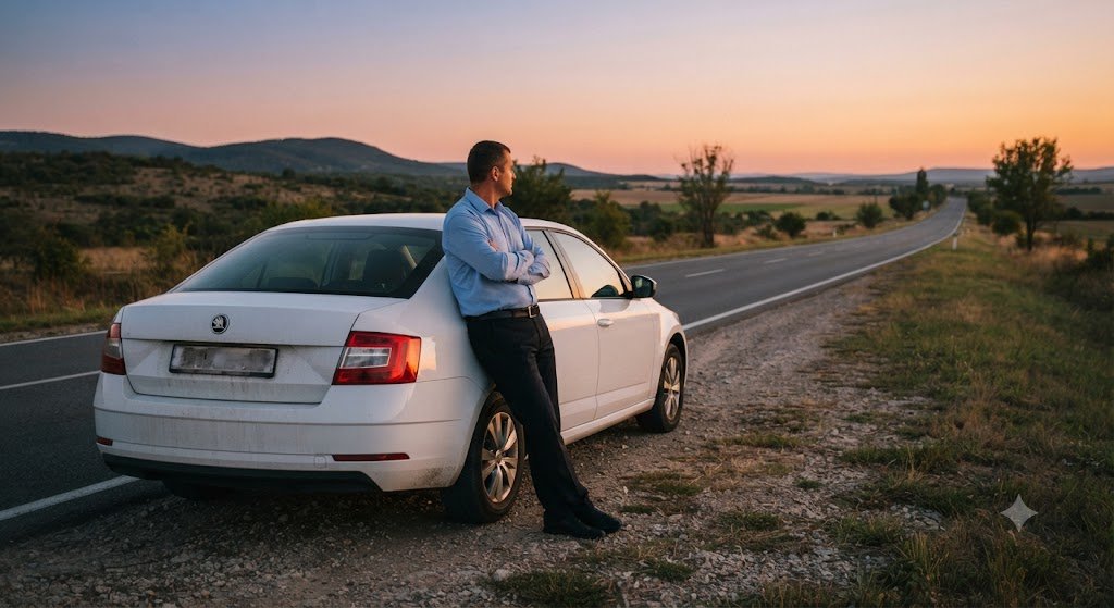Taxi driver resting beside his parked sedan on a quiet highway in the evening