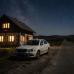 Sedan taxi parked outside a small roadside guesthouse at night