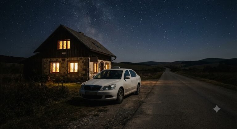 Sedan taxi parked outside a small roadside guesthouse at night