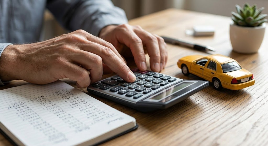 Working out one way versus round trip taxi fare on a calculator with a notepad