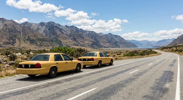 Two identical sedan taxis parked side by side on a highway shoulder with mountains in the distance