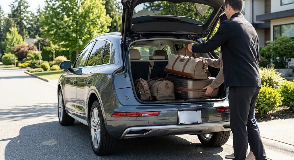 Overnight travel bag and suitcase being loaded into an SUV trunk