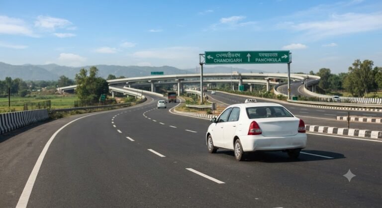 Sedan taxi on a highway junction road with signboards toward Chandigarh and Panchkula