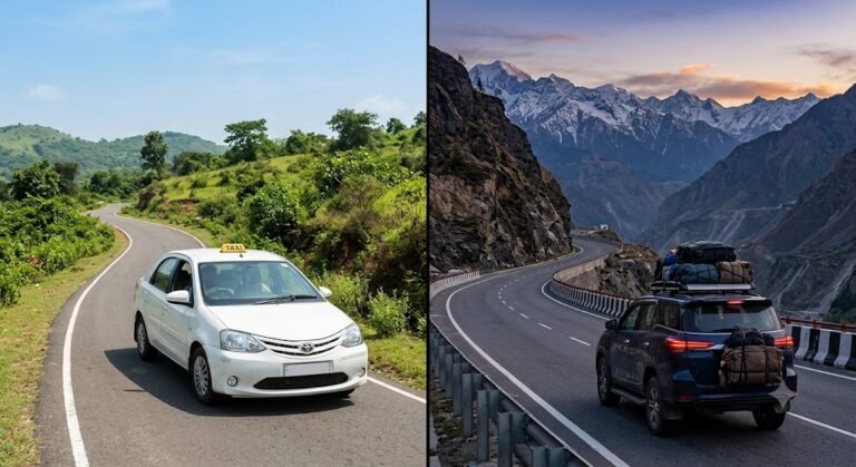 Sedan taxi on a short hill road beside an SUV loaded for a longer mountain trip