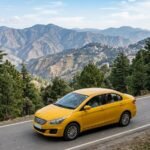 Sedan taxi driving on a scenic hill road toward Shimla with pine trees and mountain views