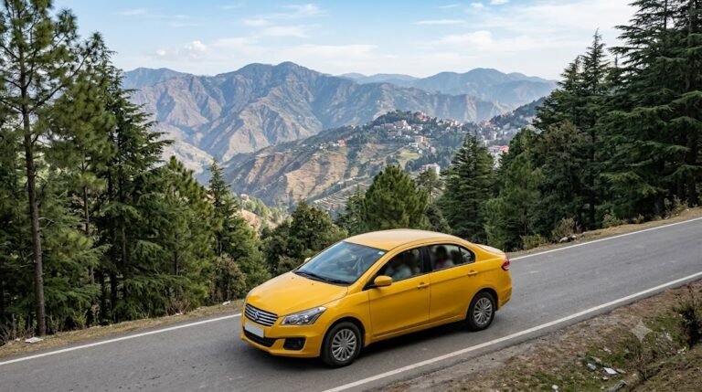 Sedan taxi driving on a scenic hill road toward Shimla with pine trees and mountain views