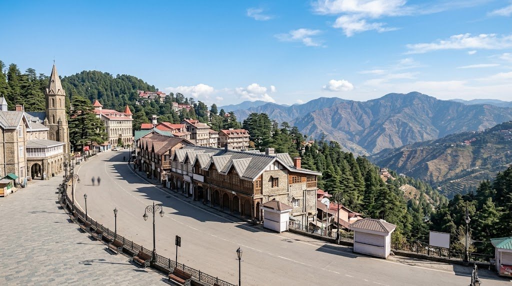 Shimla's Mall Road promenade with colonial style buildings and pine covered hills