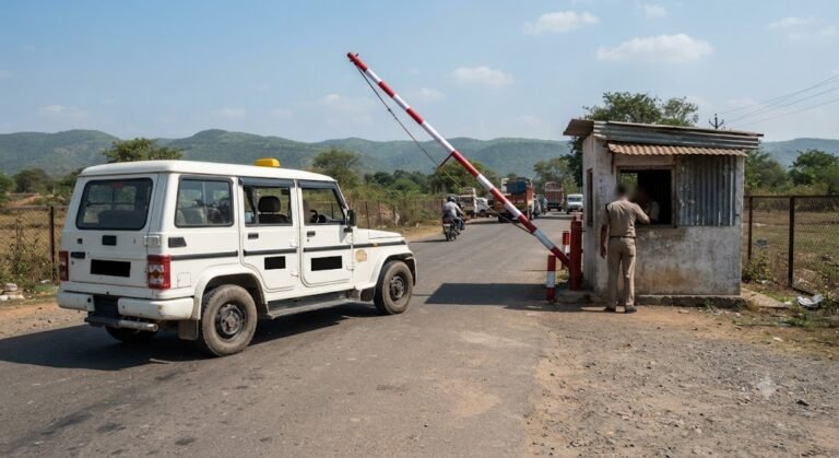 SUV taxi stopped at a state border checkpost with a barrier gate