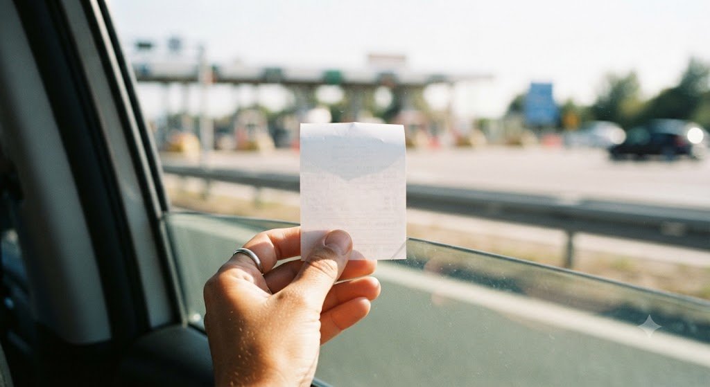 Hand holding a printed receipt near a car window on a highway