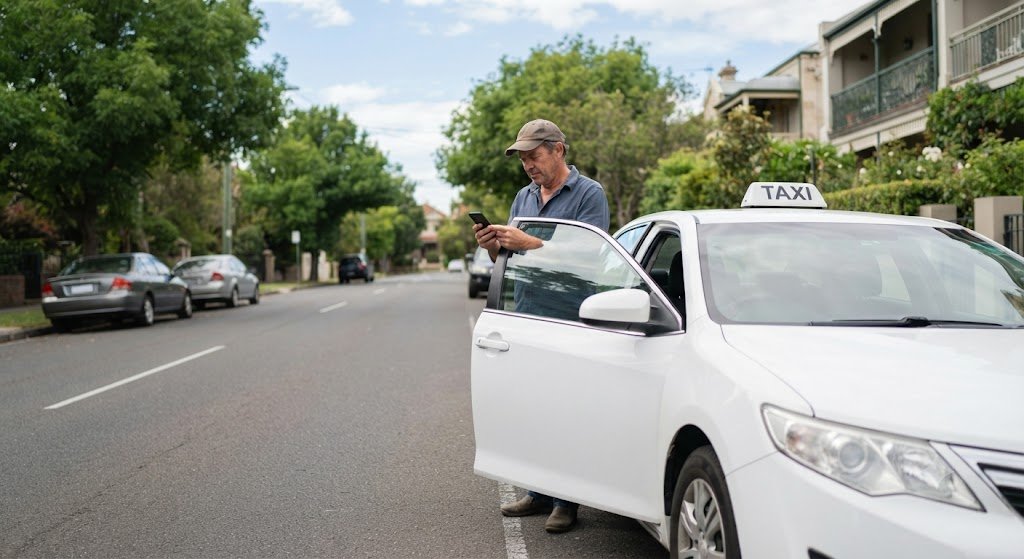 Taxi driver checking a dispatch on his phone beside a parked sedan on a tricity street