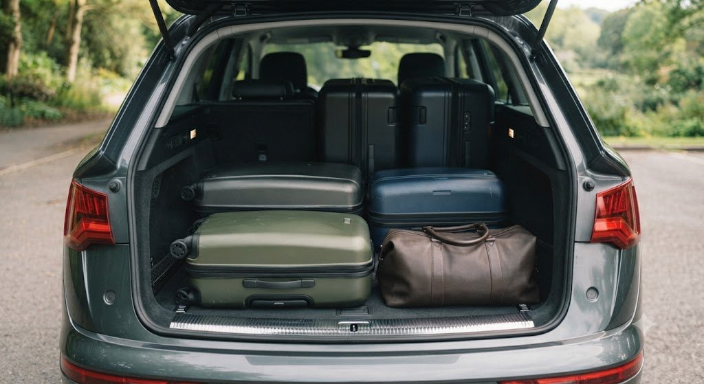 Wide SUV style boot space with multiple large suitcases loaded