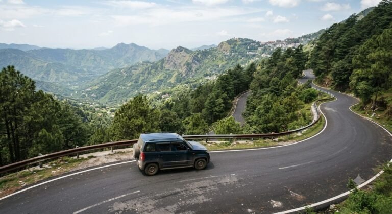 SUV taxi driving on a winding hill road climbing toward Mussoorie with pine trees and valley views