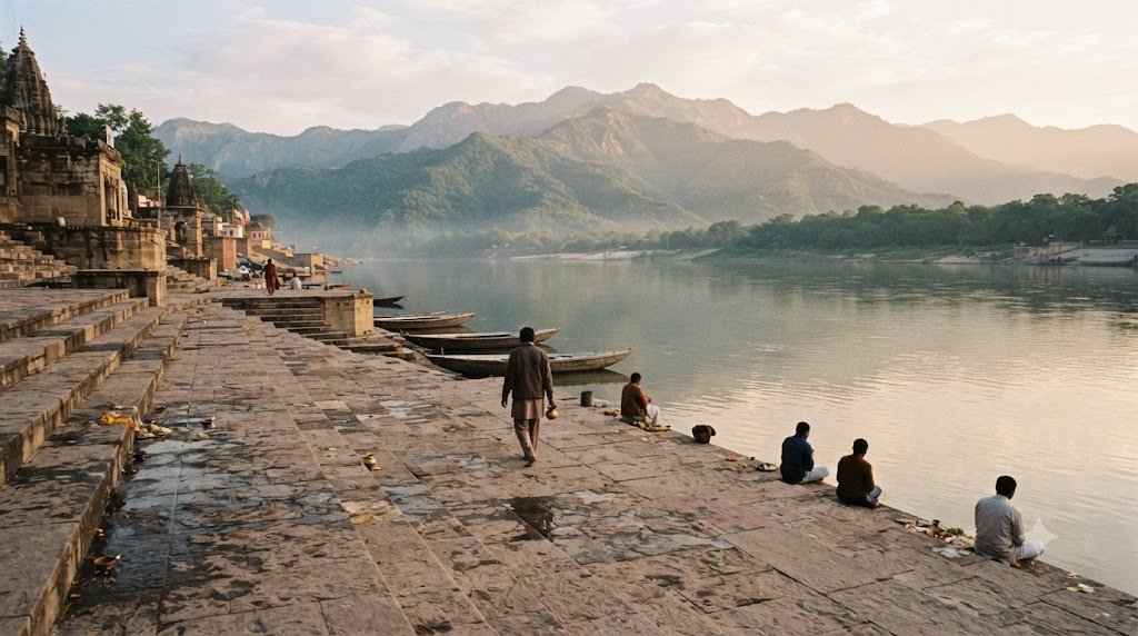 Stone steps leading down to a calm river ghat near Rishikesh with mountains in the background
