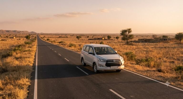 Innova Crysta taxi on a long open highway across dry Rajasthan plains at golden hour