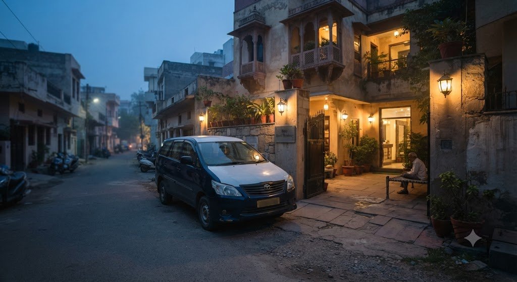 Taxi parked outside a small hotel courtyard on the edge of Delhi at dusk