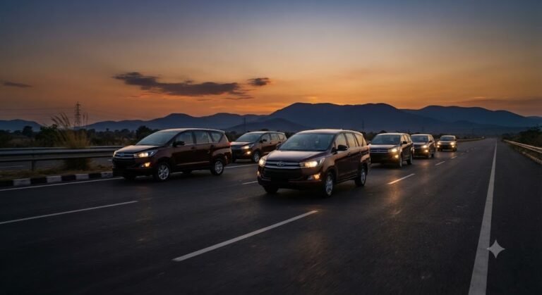 Innova Crysta taxi on a highway at dusk heading toward distant hills