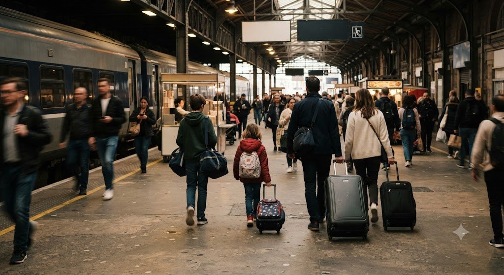 Family with suitcases walking through a busy railway station platform