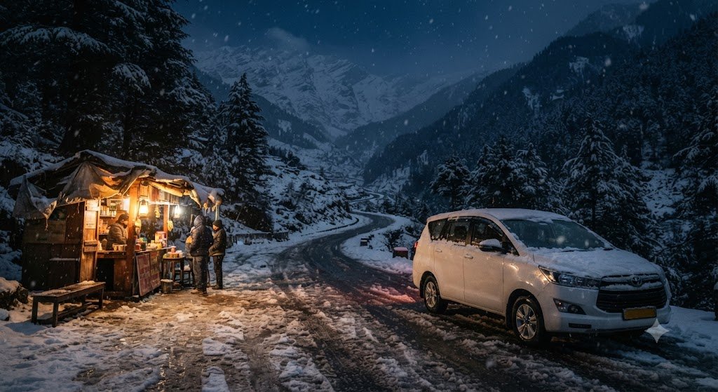 Taxi parked on a snowy mountain road near Manali with pine trees dusted white