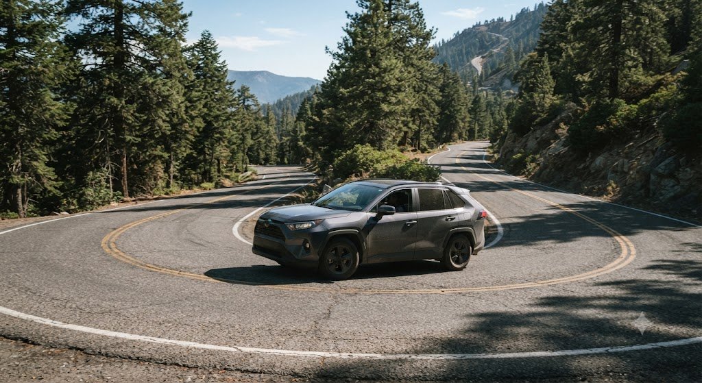 SUV taxi driving confidently on a winding hill road with pine trees on either side